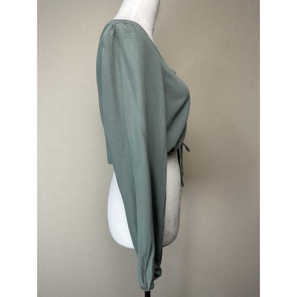 Women's Ruched Long Sleeve Crop Top Green Sz M V-Neck Blouse Drawstring - Picture 4 of 14
